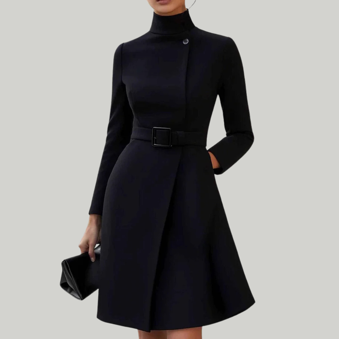 Women’s Asymmetric High-Neck Belted Dress | Midi