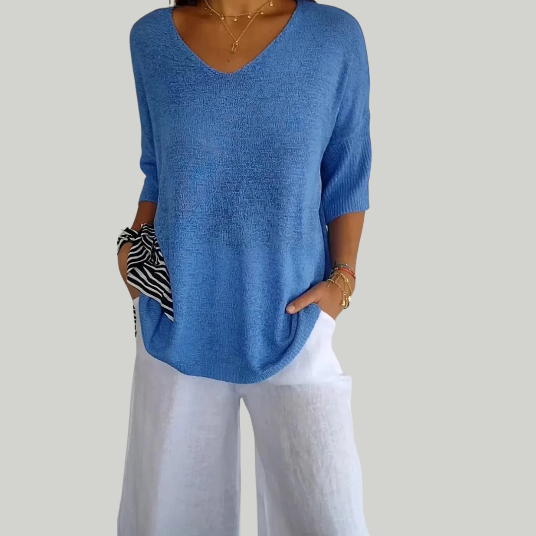Women’s V-Neck Oversize Knit Top | 3/4 Sleeve