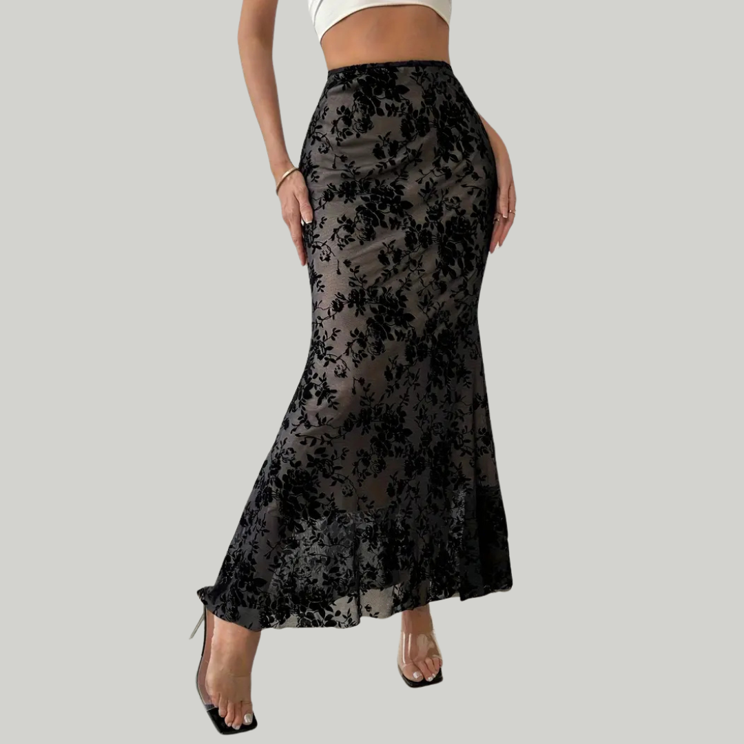 Women's Black Floral Party Skirt | High-Waisted